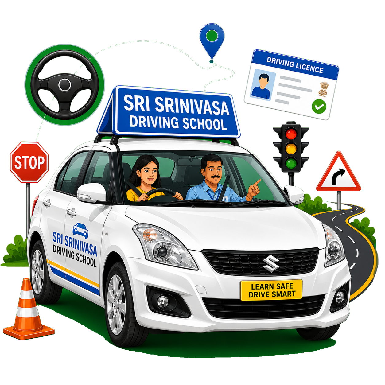 Sri Srinivasa Driving School training car illustration